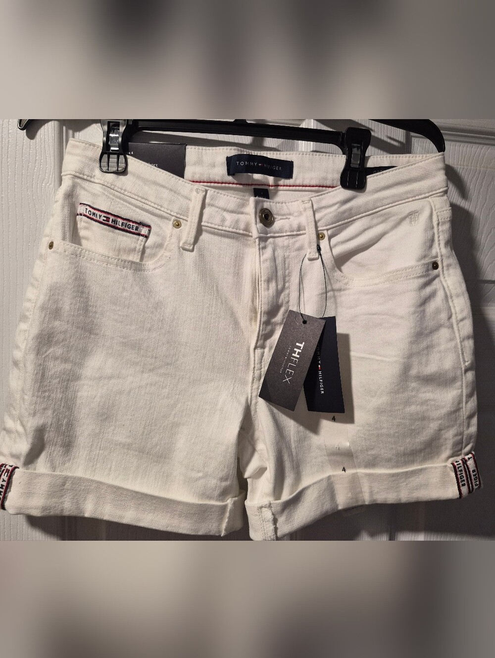 Tommy Hilfiger White Denim Cuffed Jean Shorts with Branded Trim. Brand New.